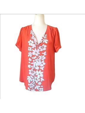 Dr2 L Orange V Neck Hawaiian Blouse NWT
